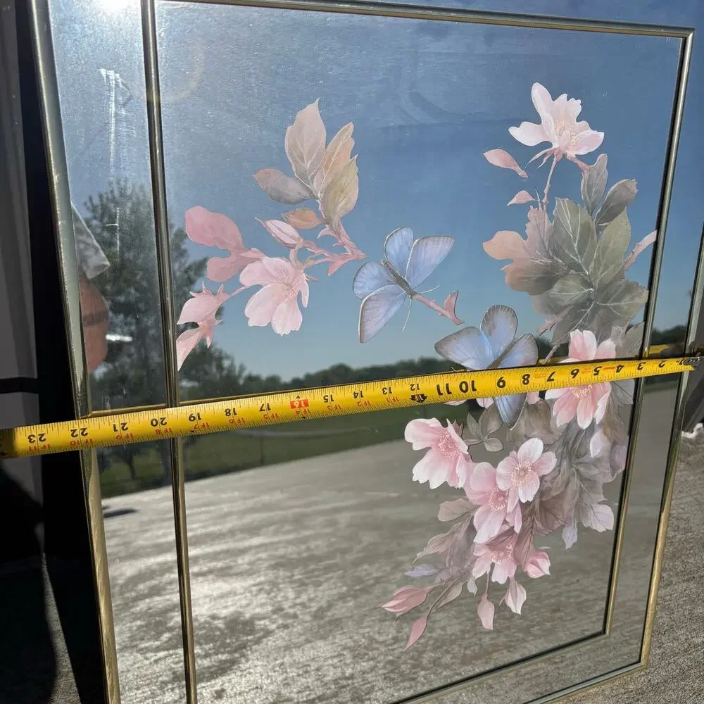 Vtg MCM Gold Framed Mirror Butterflies Flowers 22x28” ‘80s Marsel Hollywood Reg.